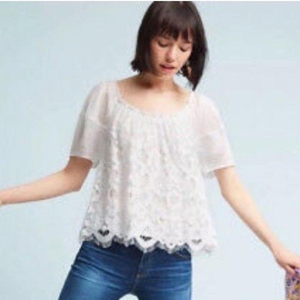 Moulinette Souers Lace and Linen Puff Sleeve Top
